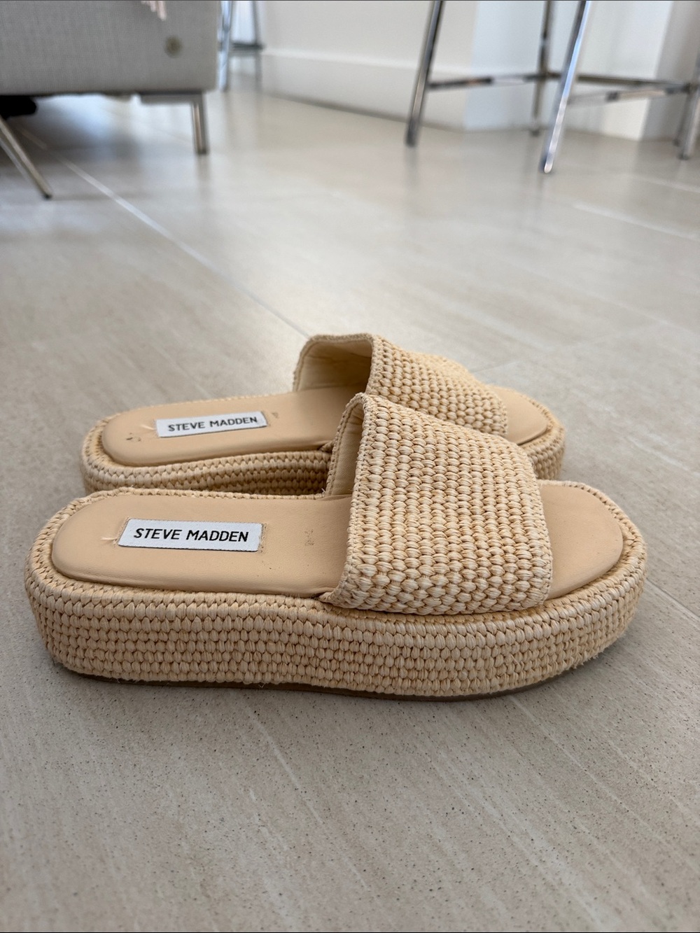 Steve Madden Natural Woven Platform Slide Sandals